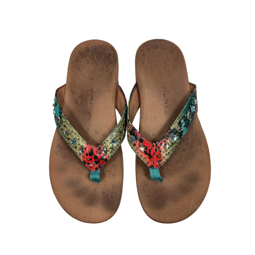 Vionic Lucia Thong Sandals Womens 9 Brown Rhinestone Snake Print Arch Support